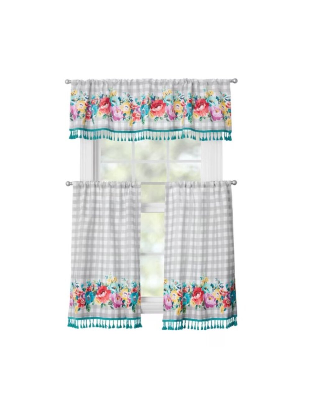 The Pioneer Woman Home Multicolor Gingham Valance Floral Kitchen Curtains Set